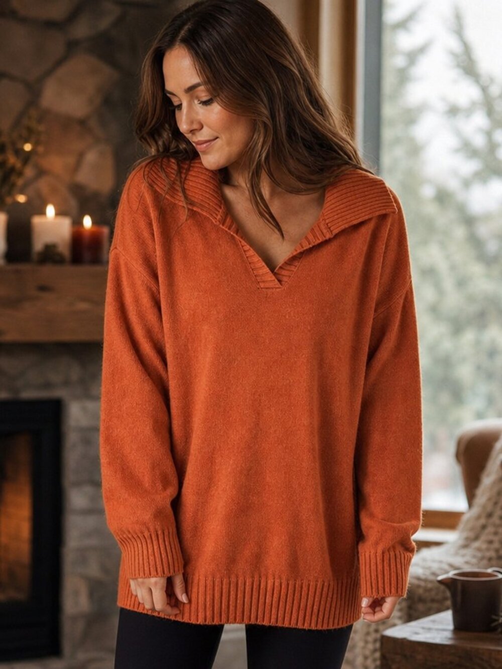 BTFBM Cozy V‑Neck Sweater in Warm Orange – Size Large